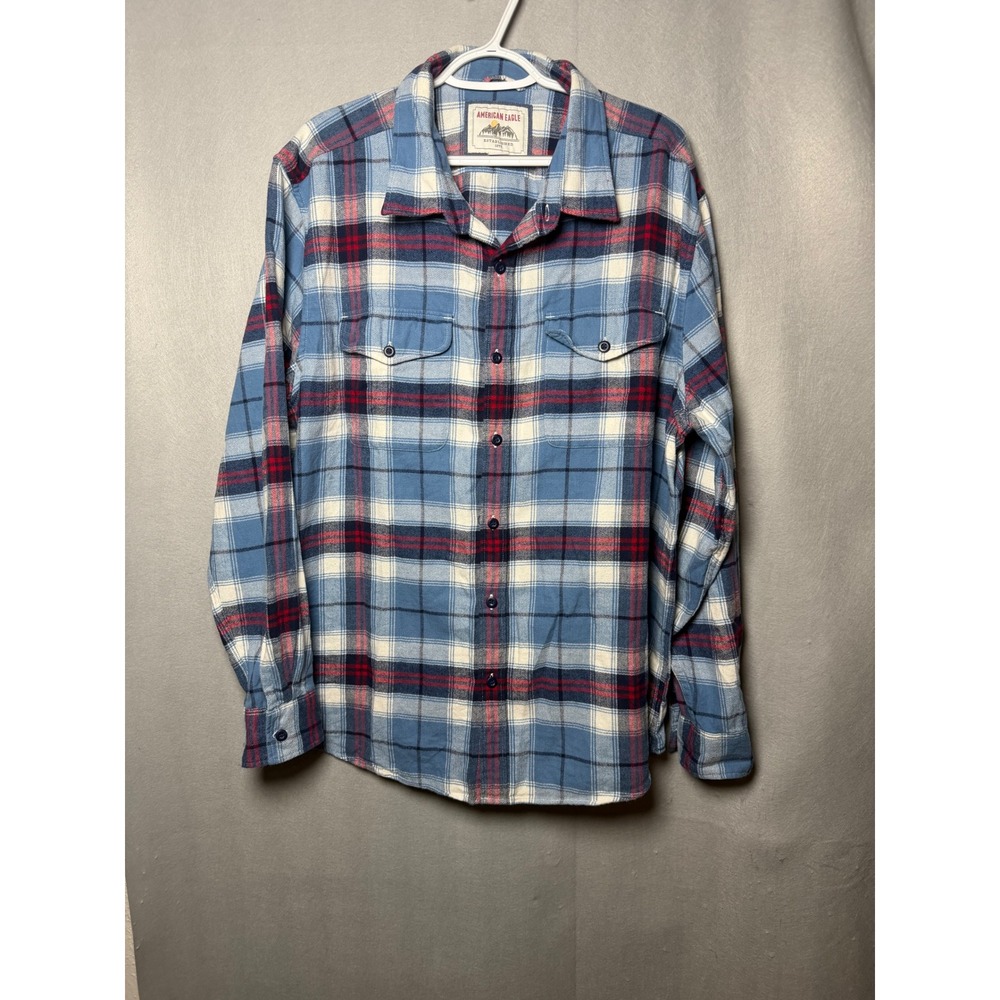 American Eagle Mens XXL Blue Red Plaid Flannel Button Down Shirt 100% Cotton